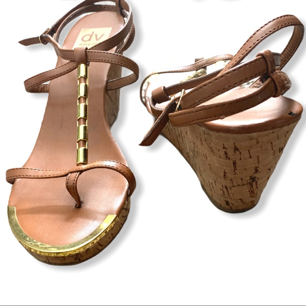 DV by Dolce Vita Tan Leather Cork Wedge Sandals with Gold Hardware